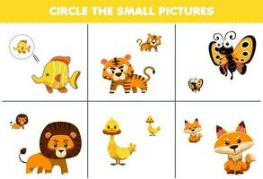 onderwijs spel voor kinderen cirkel de klein afbeelding van schattig tekenfilm vis tijger vlinder leeuw eend vos afdrukbare dier werkblad vector