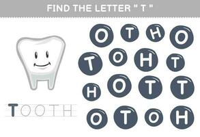 onderwijs spel voor kinderen vind de brief c met schattig tekenfilm tand afdrukbare anatomie werkblad vector