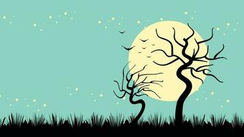 tekenfilm nacht achtergrond met boom silhouetten vector
