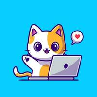 schattig kat werken Aan laptop tekenfilm vector icoon illustratie. dier technologie icoon concept geïsoleerd premie vector. vlak tekenfilm stijl