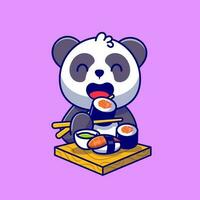 schattig panda aan het eten Zalm sushi met eetstokjes tekenfilm vector icoon illustratie. dier voedsel icoon concept geïsoleerd premie vector. vlak tekenfilm stijl