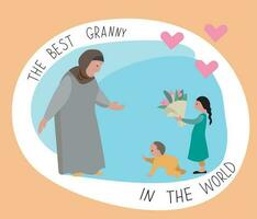 de het beste grootmoeder in de wereld concept met moslim grootmoeder en kinderen vector