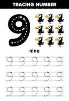 onderwijs spel voor kinderen traceren aantal negen met schattig tekenfilm toekan afbeelding afdrukbare dier werkblad vector