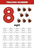 onderwijs spel voor kinderen traceren aantal acht met schattig tekenfilm lieveheersbeestje afbeelding afdrukbare dier werkblad vector