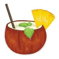 vector illustratie van een cocktail gemaakt van een voor de helft van een gebroken kokosnoot. kokosnoot water of melk met rietje, munt bladeren en ananas plak. zomer verfrissend drinken icoon voor strand of bar.