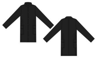 lang mouw knie lengte jas jasje technisch tekening mode vlak schetsen vector illustratie zwart kleur sjabloon voorkant en terug