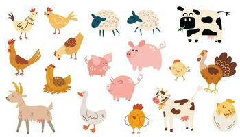 boerderij dieren. koe, gans, kalkoen, geit, varken, biggetje, kippen, haan, kippen, schapen. ideaal kinderen ontwerp, voor kleding stof, inpakken, textiel, behang, kleding. tekenfilm vector illustratie