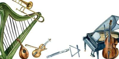 bord van harp, viool, groots piano en contrabas waterverf illustratie geïsoleerd vector