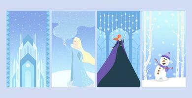 tweeling prinses zussen en een sneeuwman in ijs koninkrijk sociaal media sjabloon vector