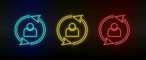 neon icoon reeks gebruiker, vernieuwen. reeks van rood, blauw, geel neon vector icoon.