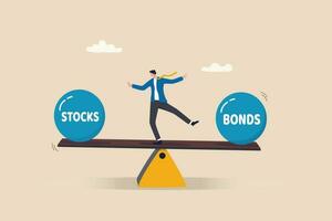 aandelen vs obligaties in investering Bedrijfsmiddel toewijzing, risico beoordeling portefeuille of verwacht terugkeer in lang termijn wederzijds fondsen, pensioen fonds concept, zakenman investeerder balans Aan aandelen en obligaties wip. vector