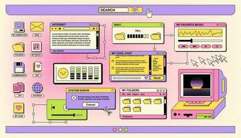 de scherm van een oud retro pc in de y2k stijl. retro Golf en dampgolf achtergrond. helder wijnoogst computer koppel vector