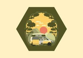 kleurrijk illustratie insigne van camper busje in natuur vector