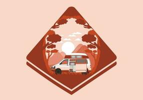 kleurrijk illustratie insigne van camper busje in natuur vector