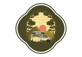 kleurrijk illustratie insigne van camper busje in natuur vector