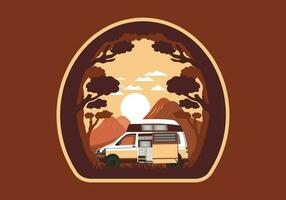 kleurrijk illustratie insigne van camper busje in natuur vector