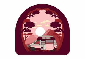 kleurrijk illustratie insigne van camper busje in natuur vector