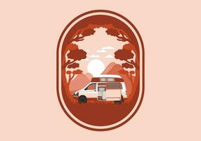 kleurrijk illustratie insigne van camper busje in natuur vector