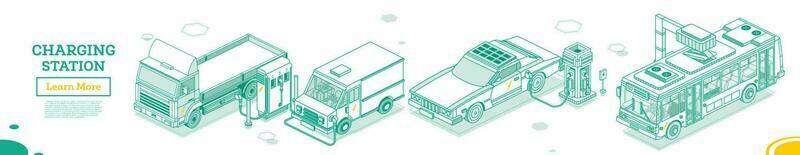 elektrisch voertuig. elektromobiel opladen station. isometrische schets concept. vector illustratie. vrachtwagen, busje en bus. eco vervoer.