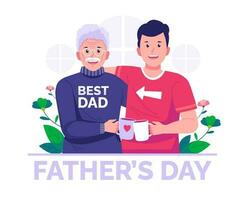 gelukkig vader dag. de volwassen zoon en zijn ouderen grijs haar vader omhelzing elk andere met liefde. vector illustratie