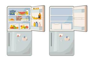 koelkast met voedsel binnen en een leeg koelkast. huishouden huishoudelijke apparaten in de keuken. vector vlak tekenfilm illustratie