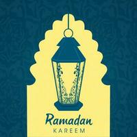 Ramadan kareem groet kaart met Arabisch lantaarn hangen Aan geel en blauw Islamitisch patroon achtergrond. vector