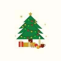 vector Kerstmis boom met geschenk dozen, lit kaars, snoep riet, snuisterij en koffie kop Aan beige achtergrond.