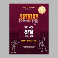 spookachtig halloween partij uitnodiging kaart met twee skelet dansen Aan vol maan bordeaux begraafplaats achtergrond. vector