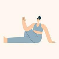 jong vrouw aan het doen yoga voor de helft spinal twist houding. gezond levensstijl. vector hand- getrokken illustratie geïsoleerd Aan wit achtergrond.