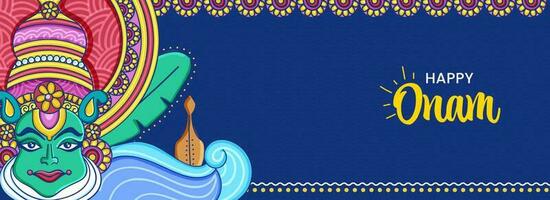 gelukkig onam festival banier of hoofd ontwerp met Kathakali danser gezicht Aan blauw achtergrond. vector