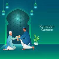 moslim Mens geven bijdrage naar een bedelaar Bij moskee visie Aan de gelegenheid van Ramadan kareem. vector