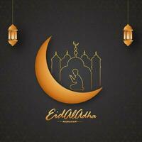illustratie van halve maan maan met lijn kunst moslim Mens bidden, moskee en lantaarns hangen Aan zwart achtergrond voor eid al adha mubarak concept. vector
