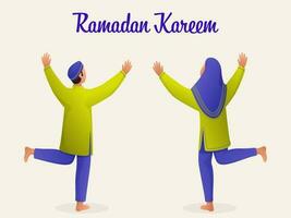 Ramadan kareem doopvont met terug visie van moslim jong jongen en meisje karakter Aan achtergrond. vector