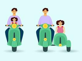 vrolijk jong Mens met zijn dochter rijden scooter in twee afbeeldingen. vector