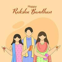 gezichtsloos jong broer en zijn twee zussen Holding rakhi polsbandje, envelop Aan pastel oranje achtergrond voor gelukkig raksha bandhan viering. vector