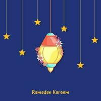 Ramadan kareem poster ontwerp met bloemen versierd glanzend lantaarn en sterren hangen Aan blauw achtergrond. vector