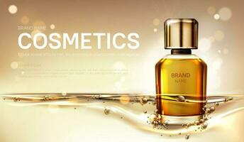 olie parfum fles met goud vloeistof achtergrond vector