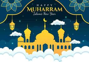 gelukkig Muharram Islamitisch nieuw jaar vector illustratie met moslims viering in vlak tekenfilm hand- getrokken landen bladzijde achtergrond Sjablonen