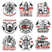 vuur, brandweerman afdeling pictogrammen, brandweerman helm vector