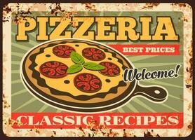 pizza roestig metaal bord, vector Roest blik teken