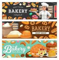 bakkerij winkel voedsel en bakker in toque karton vector