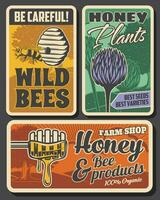 bijenteelt boerderij en honing productie retro posters vector