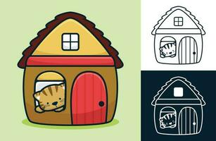 grappig kat in de venster van weinig huis. vector tekenfilm illustratie in vlak icoon stijl
