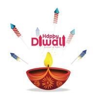 gelukkig divali. diwali crackers met groot diya olie lamp Aan wit achtergrond. india's festival van lichten vector