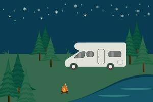 illustratie van buitenshuis camping tafereel met camper busje, natuur achtergrond Bij nacht met meer en brand. vector