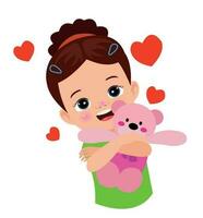 een meisje Holding een roze teddy beer met rood harten Aan haar hoofd. vector