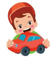 een jongen Holding een speelgoed- auto en een rood speelgoed- auto vector