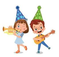 jongen en meisje spelen een trompet en vervelend partij hoeden vector