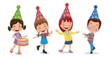 een tekenfilm van een meisje vervelend een partij hoed met de woorden gelukkig verjaardag Aan de top. vector