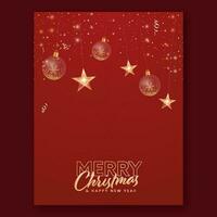 vrolijk Kerstmis en gelukkig nieuw jaar groet kaart versierd met gouden sterren, transparant kerstballen hangen Aan rood licht effect achtergrond. vector